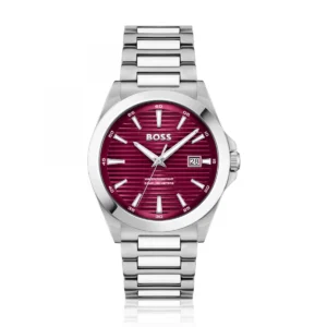 Hugo Boss-SILVER-TONE WATCH WITH BURGUNDY GROOVED DIAL